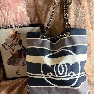 CHANEL Navy and Cream Striped Tote gift with purchase VIP